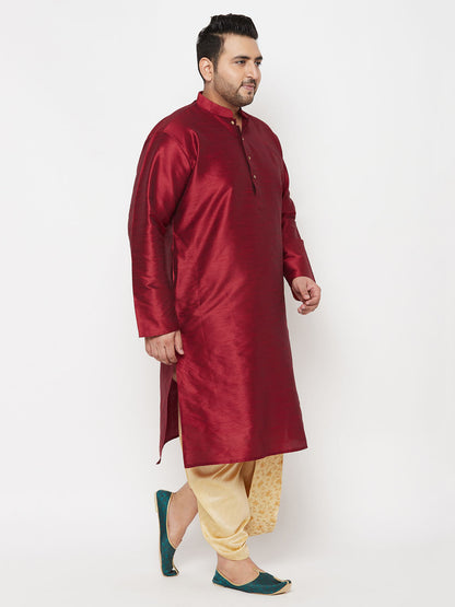 Vastramay mens plus size maroon silk blend kurta and gold dhoti set