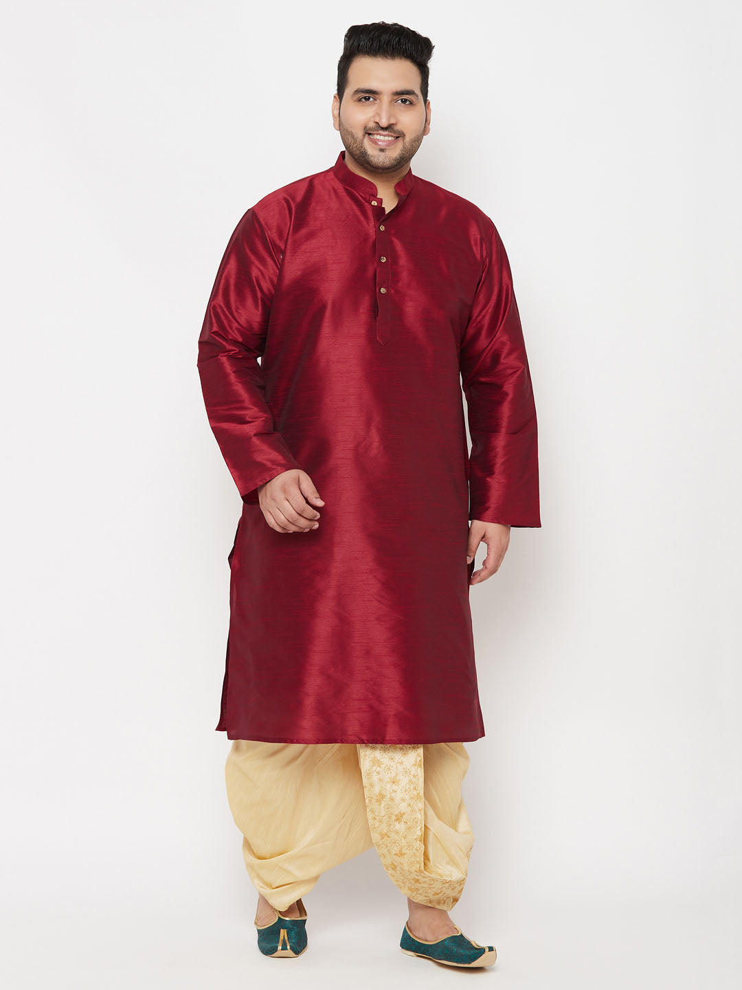 Vastramay mens plus size maroon silk blend kurta and gold dhoti set