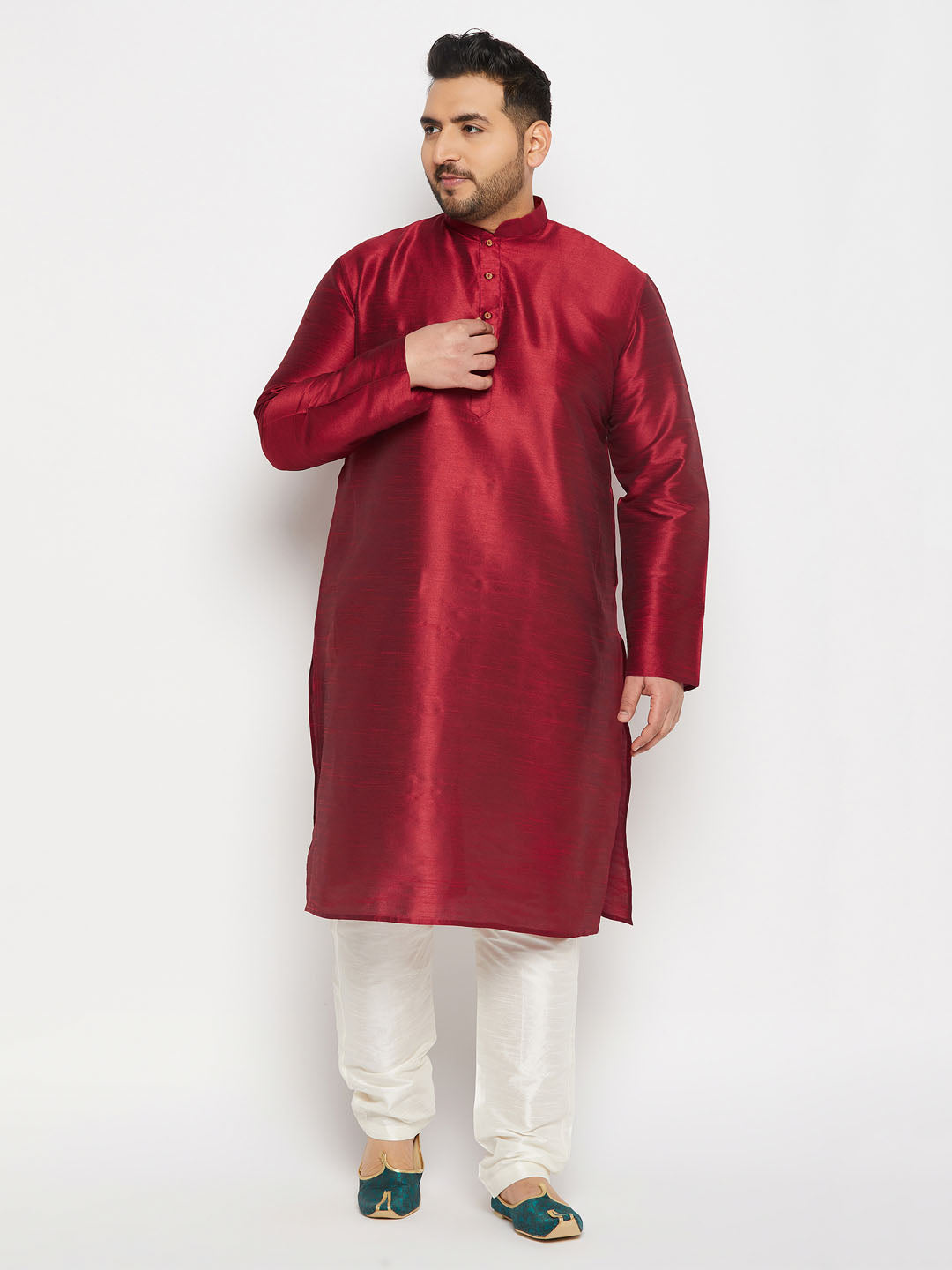 copy of vm by vastramay mens maroon silk blend kurta and cream pant style pyjama set