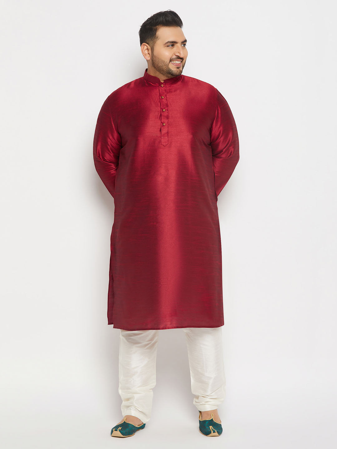 copy of vm by vastramay mens maroon silk blend kurta and cream pant style pyjama set