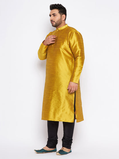 VASTRAMAY Men's Plus Size Mustard Silk Blend Kurta And Black Pyjama Set