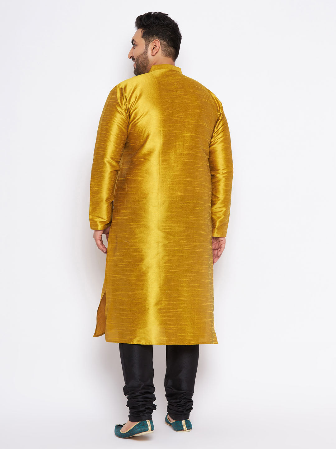 VASTRAMAY Men's Plus Size Mustard Silk Blend Kurta And Black Pyjama Set