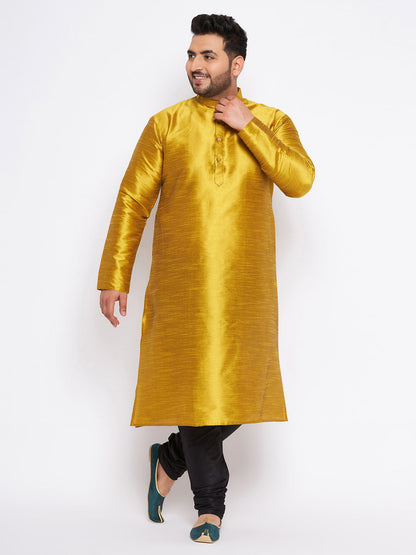 VASTRAMAY Men's Plus Size Mustard Silk Blend Kurta And Black Pyjama Set