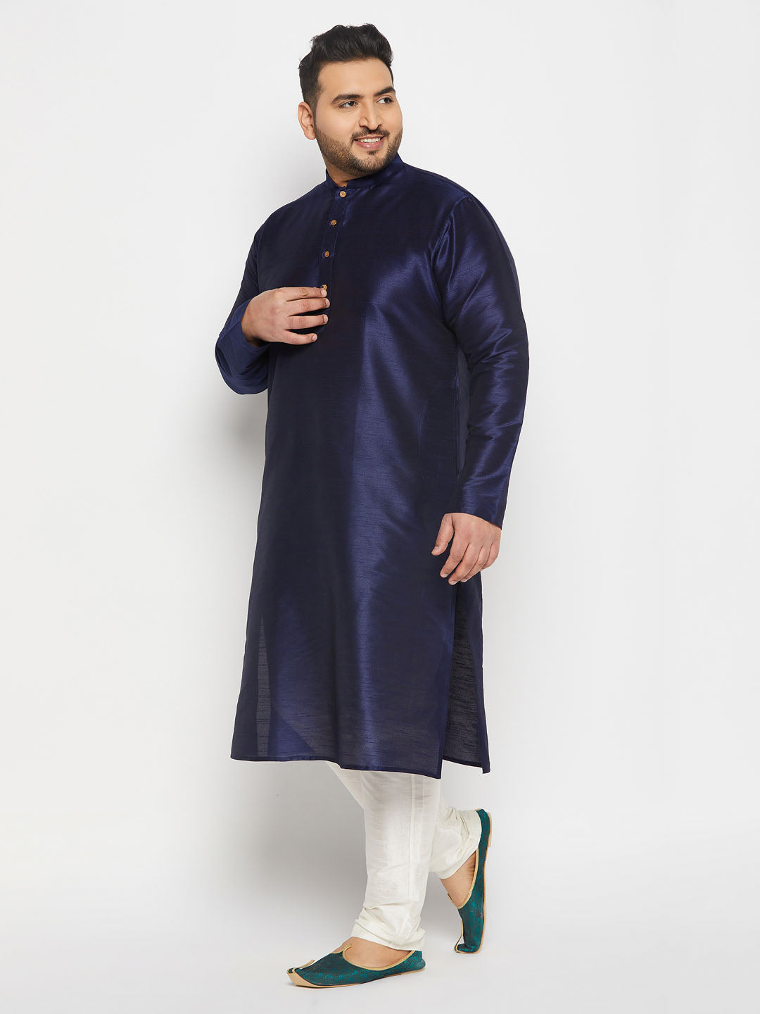 vastramay mens plus size navy blue silk blend kurta and cream pant style pyjama set