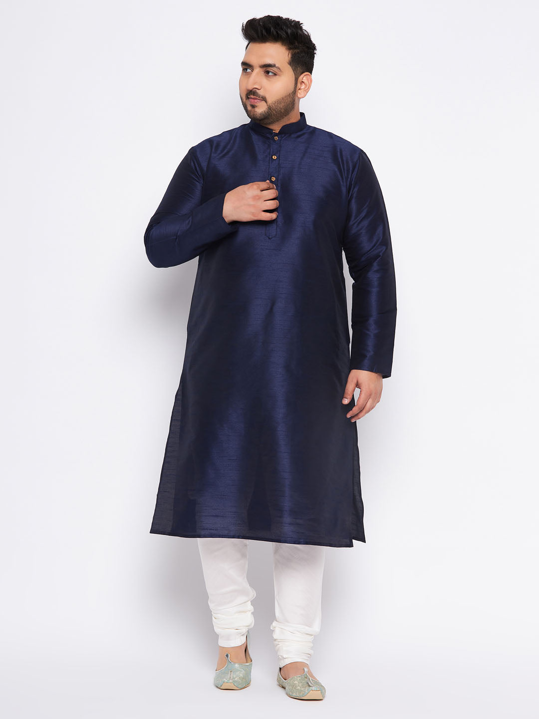 VASTRAMAY Men's Plus Size Navy Blue Silk Blend Kurta and Cream Pyjama Set