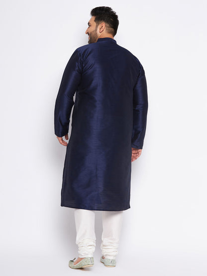 VASTRAMAY Men's Plus Size Navy Blue Silk Blend Kurta and Cream Pyjama Set