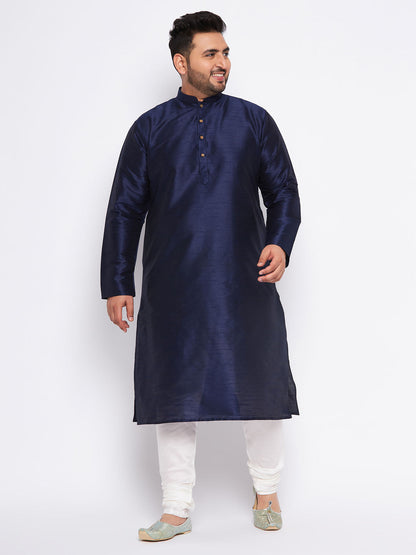 VASTRAMAY Men's Plus Size Navy Blue Silk Blend Kurta and Cream Pyjama Set