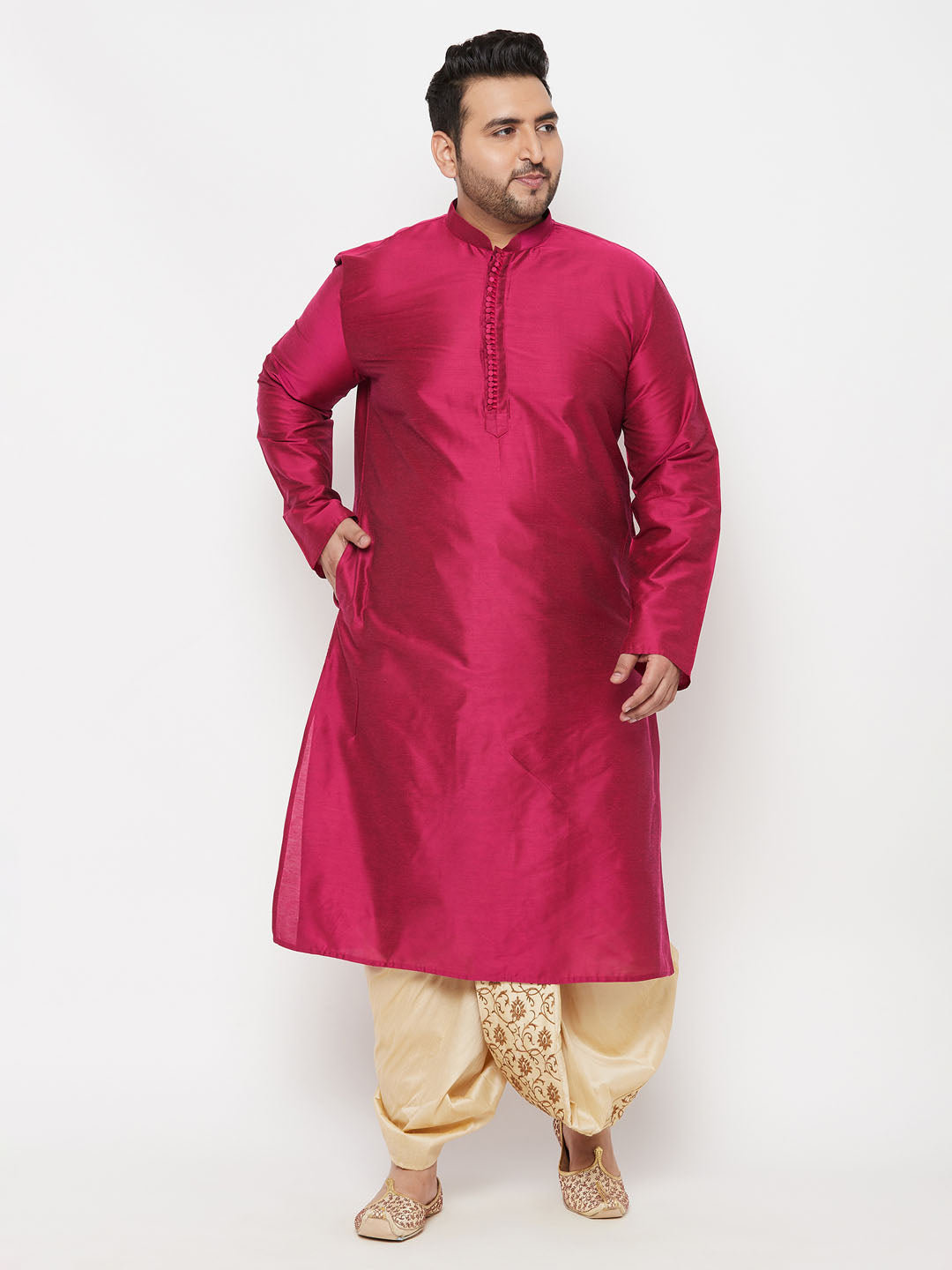 Vastramay mens plus size falsa silk blend kurta and gold dhoti set 1