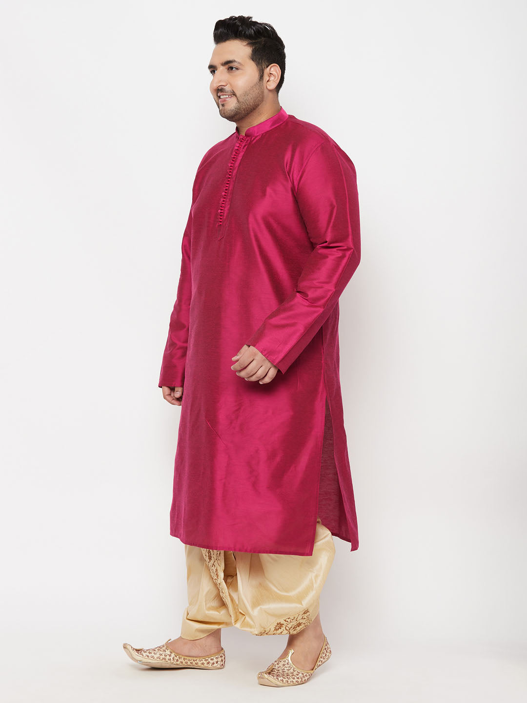 Vastramay mens plus size falsa silk blend kurta and gold dhoti set 1