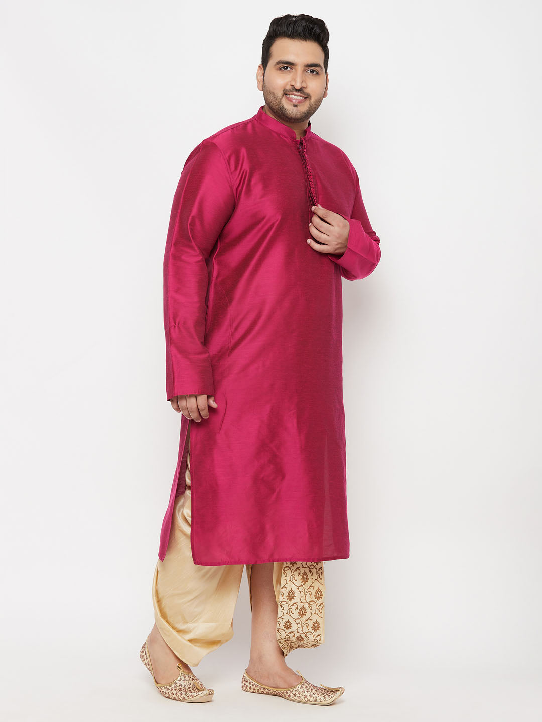 Vastramay mens plus size falsa silk blend kurta and gold dhoti set 1