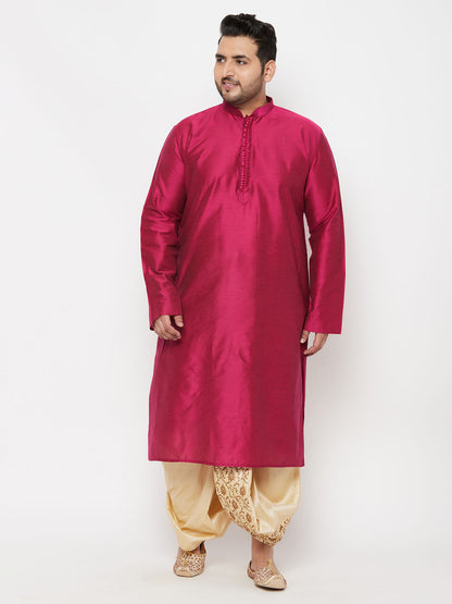 Vastramay Men's Plus Size Fuchsia Silk Blend Kurta And Gold Dhoti Set