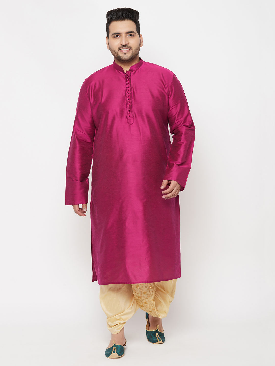 Vastramay Men's Plus Size White Silk Blend Kurta And Maroon Dhoti Set