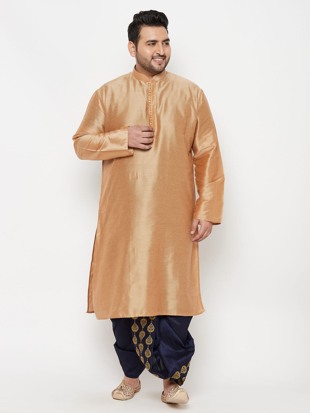 Vastramay mens plus size viscose rose gold silk blend kurta and navy blue dhoti set