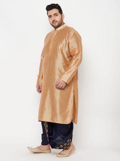 Vastramay mens plus size viscose rose gold silk blend kurta and navy blue dhoti set