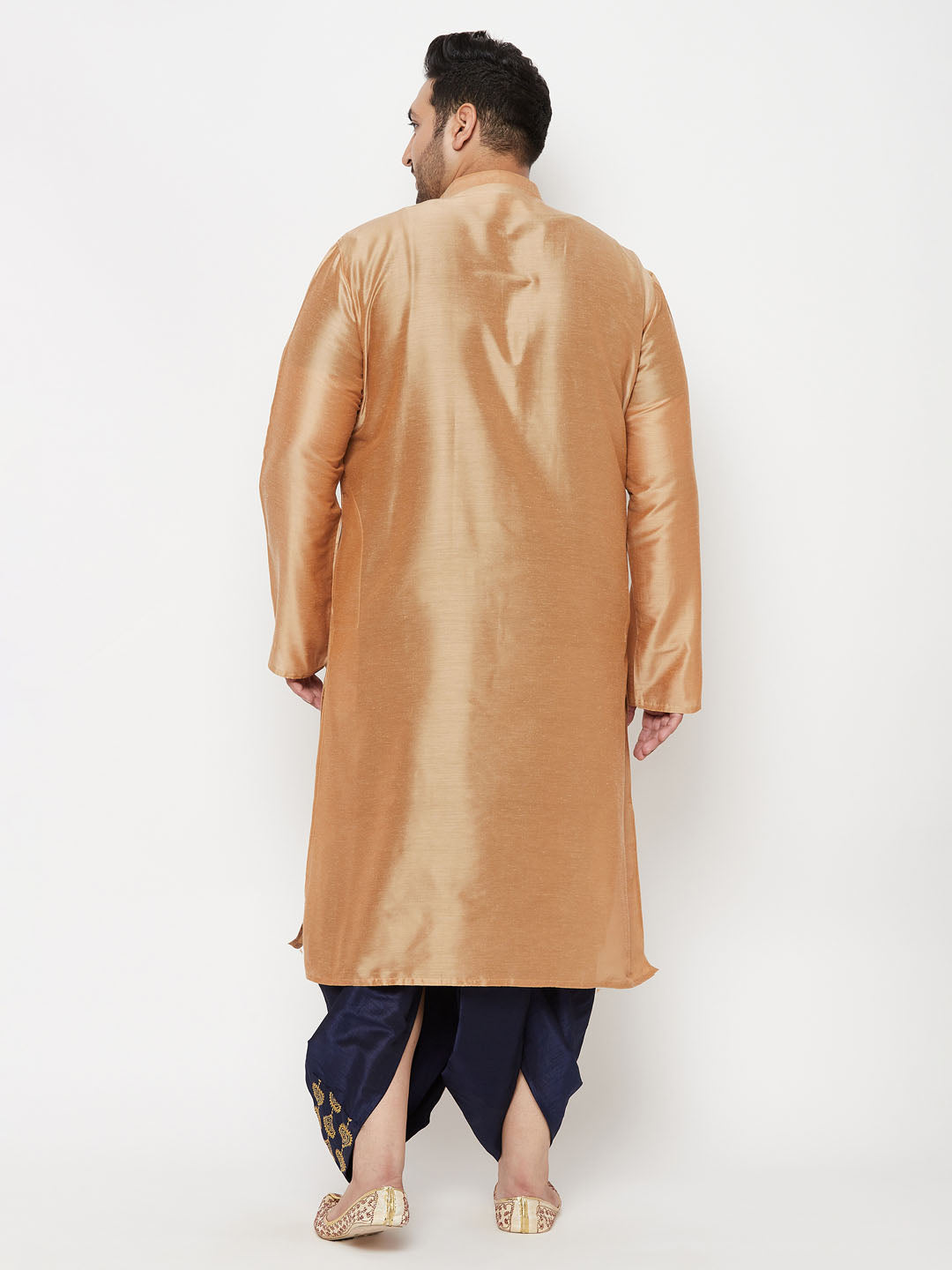 Vastramay mens plus size viscose rose gold silk blend kurta and navy blue dhoti set