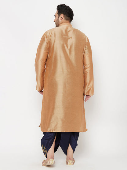 Vastramay mens plus size viscose rose gold silk blend kurta and navy blue dhoti set