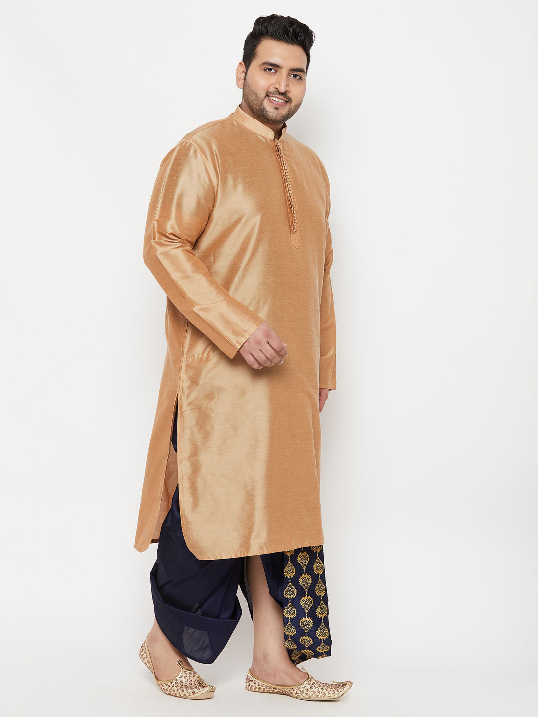 Vastramay mens plus size viscose rose gold silk blend kurta and navy blue dhoti set