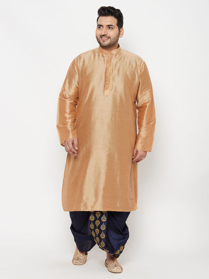 Vastramay Men's Plus Size Viscose Rose Gold Silk Blend Kurta And Navy Blue Dhoti Set