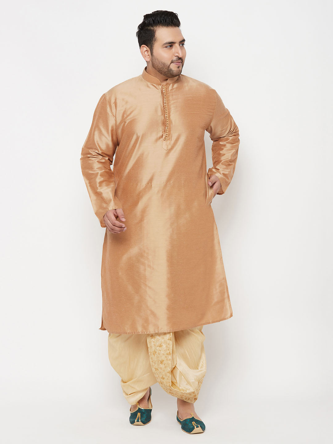 Vastramay mens plus size rose gold silk blend kurta and gold dhoti set 1