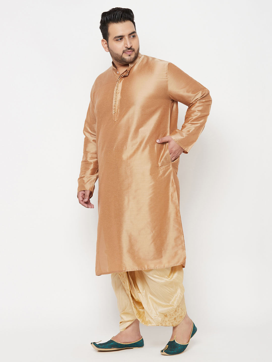 Vastramay mens plus size rose gold silk blend kurta and gold dhoti set 1