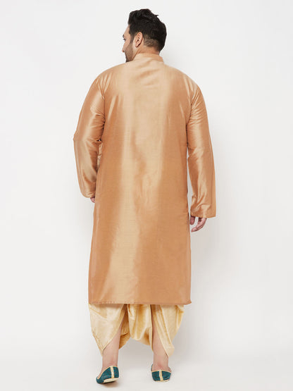 Vastramay mens plus size rose gold silk blend kurta and gold dhoti set 1