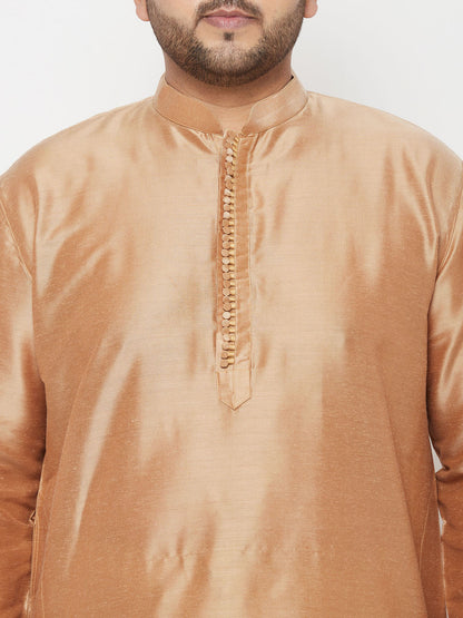 Vastramay mens plus size rose gold silk blend kurta and gold dhoti set 1