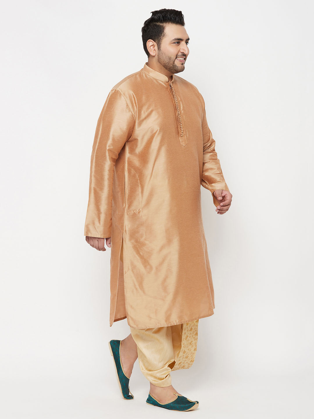 Vastramay mens plus size rose gold silk blend kurta and gold dhoti set 1