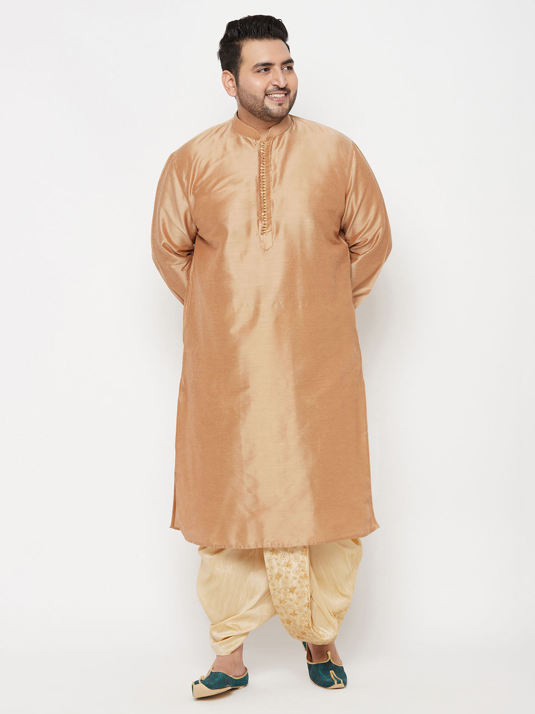 Vastramay Men's Plus Size Rose Gold Silk Blend Kurta And Gold Dhoti Set