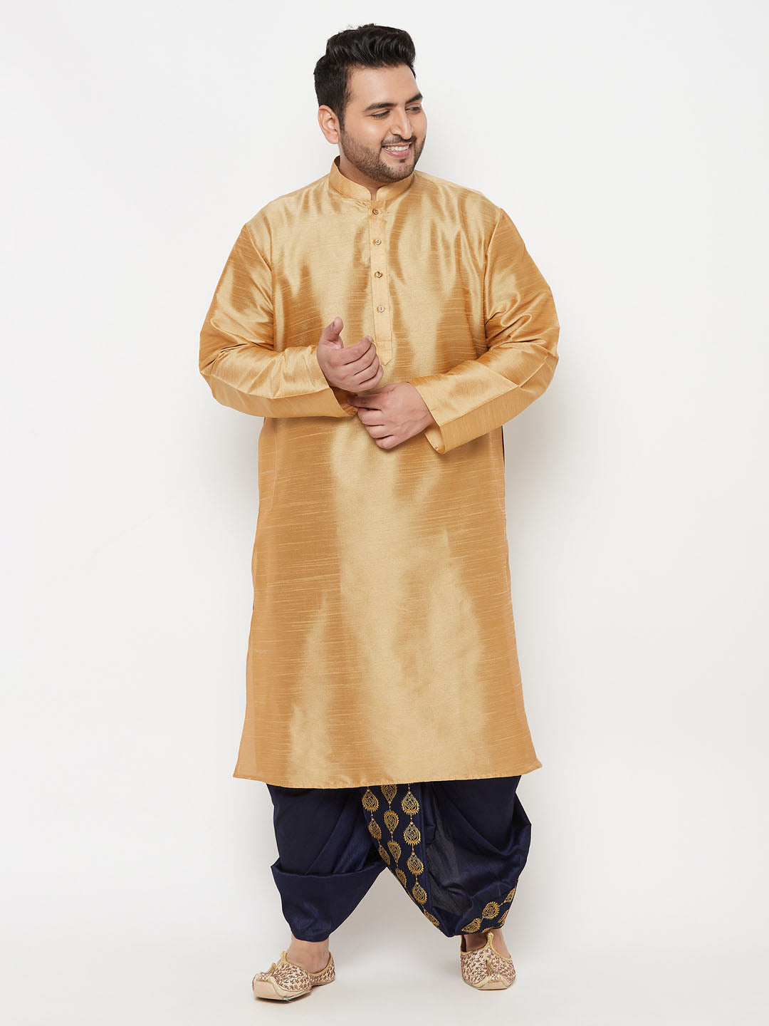 Vastramay mens plus size rose gold silk blend kurta and navy blue dhoti set