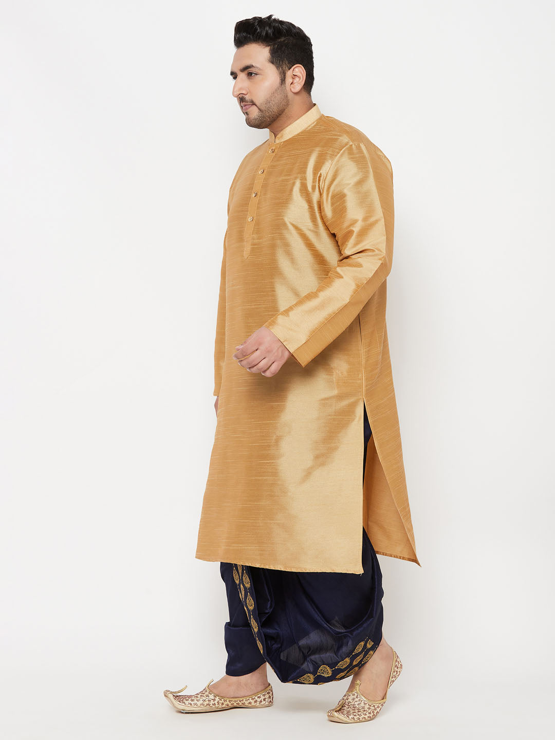 Vastramay mens plus size rose gold silk blend kurta and navy blue dhoti set