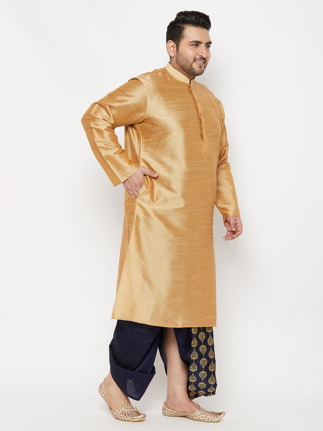 Vastramay mens plus size rose gold silk blend kurta and navy blue dhoti set