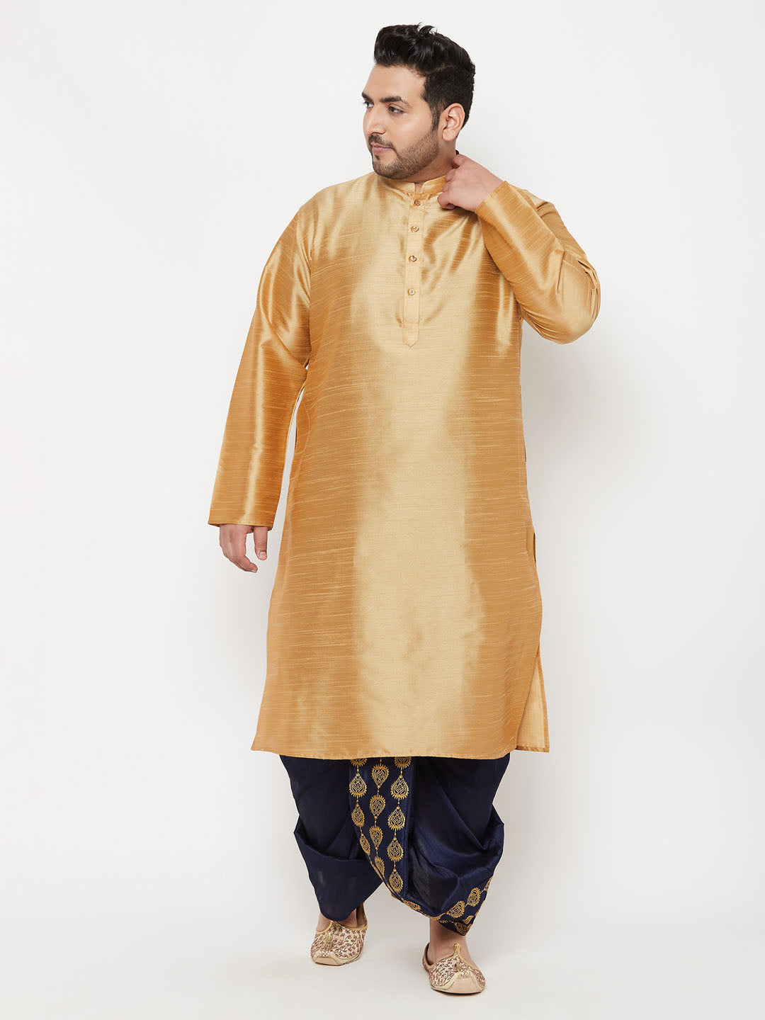 Vastramay Men's Plus Size Rose Gold Silk Blend Kurta And Navy Blue Dhoti Set