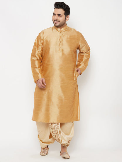 Vastramay mens plus size rose gold silk blend kurta and gold dhoti set 2