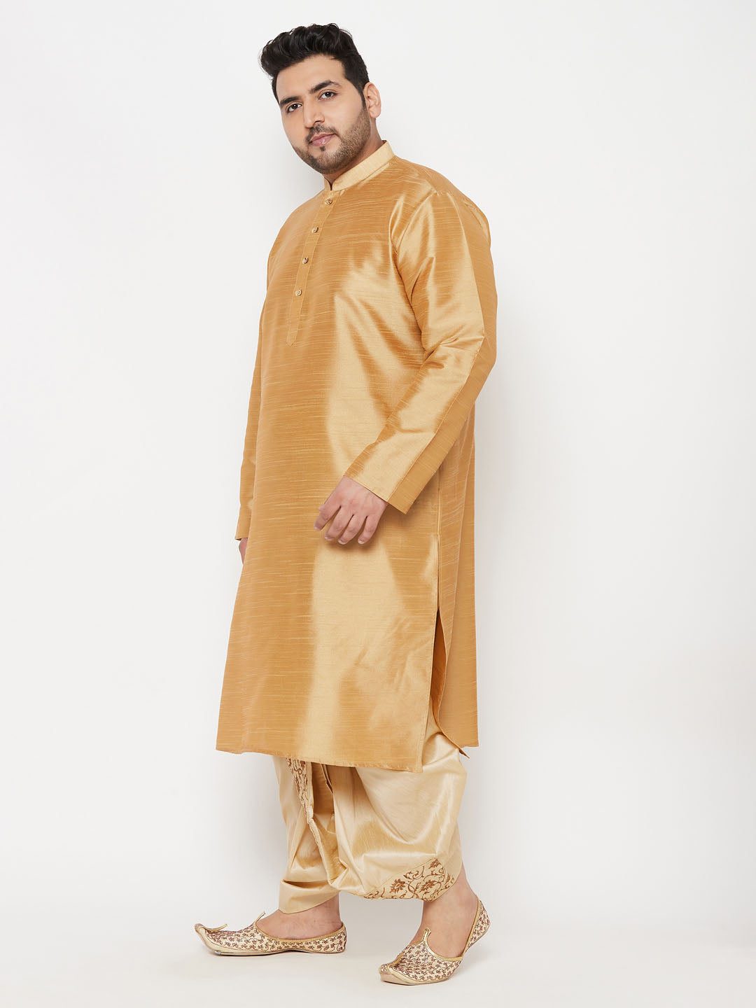 Vastramay mens plus size rose gold silk blend kurta and gold dhoti set 2