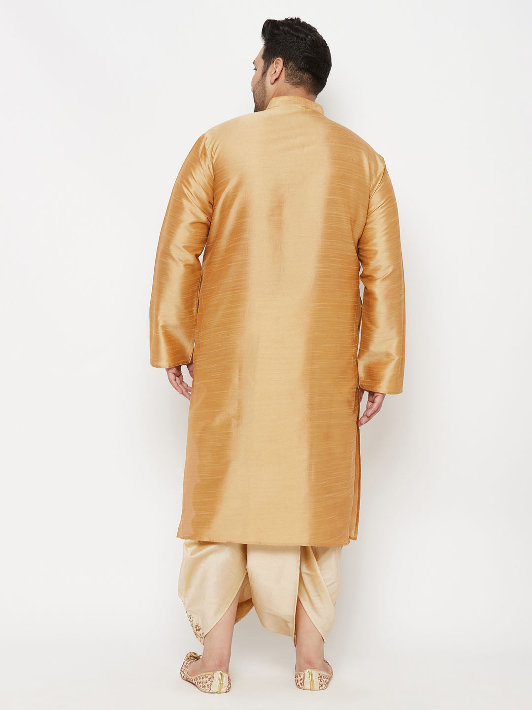 Vastramay mens plus size rose gold silk blend kurta and gold dhoti set 2