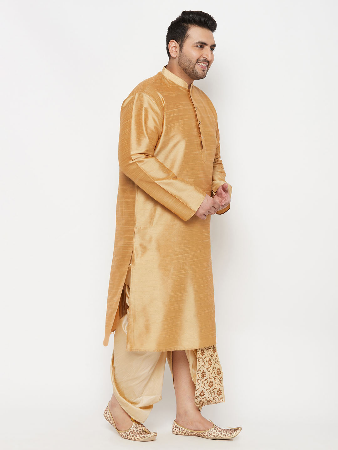 Vastramay mens plus size rose gold silk blend kurta and gold dhoti set 2