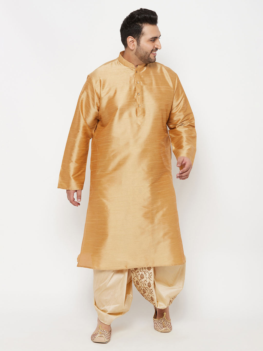 Vastramay Men's Plus Size Rose Gold Silk Blend Kurta And Gold Dhoti Set