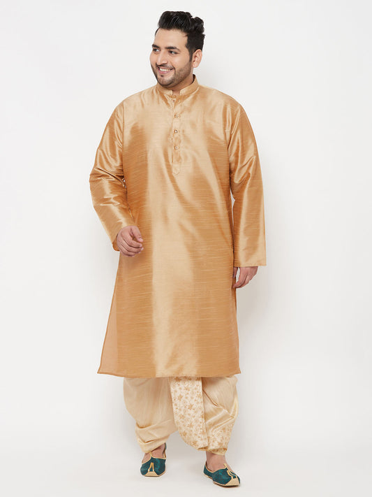 Vastramay mens plus size rose gold silk blend kurta and gold dhoti set