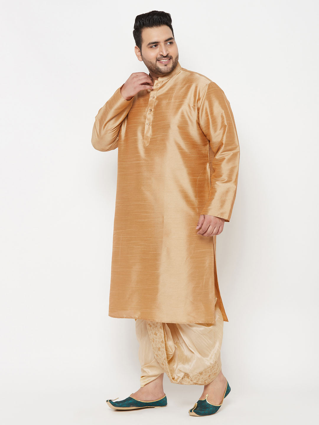 Vastramay mens plus size rose gold silk blend kurta and gold dhoti set