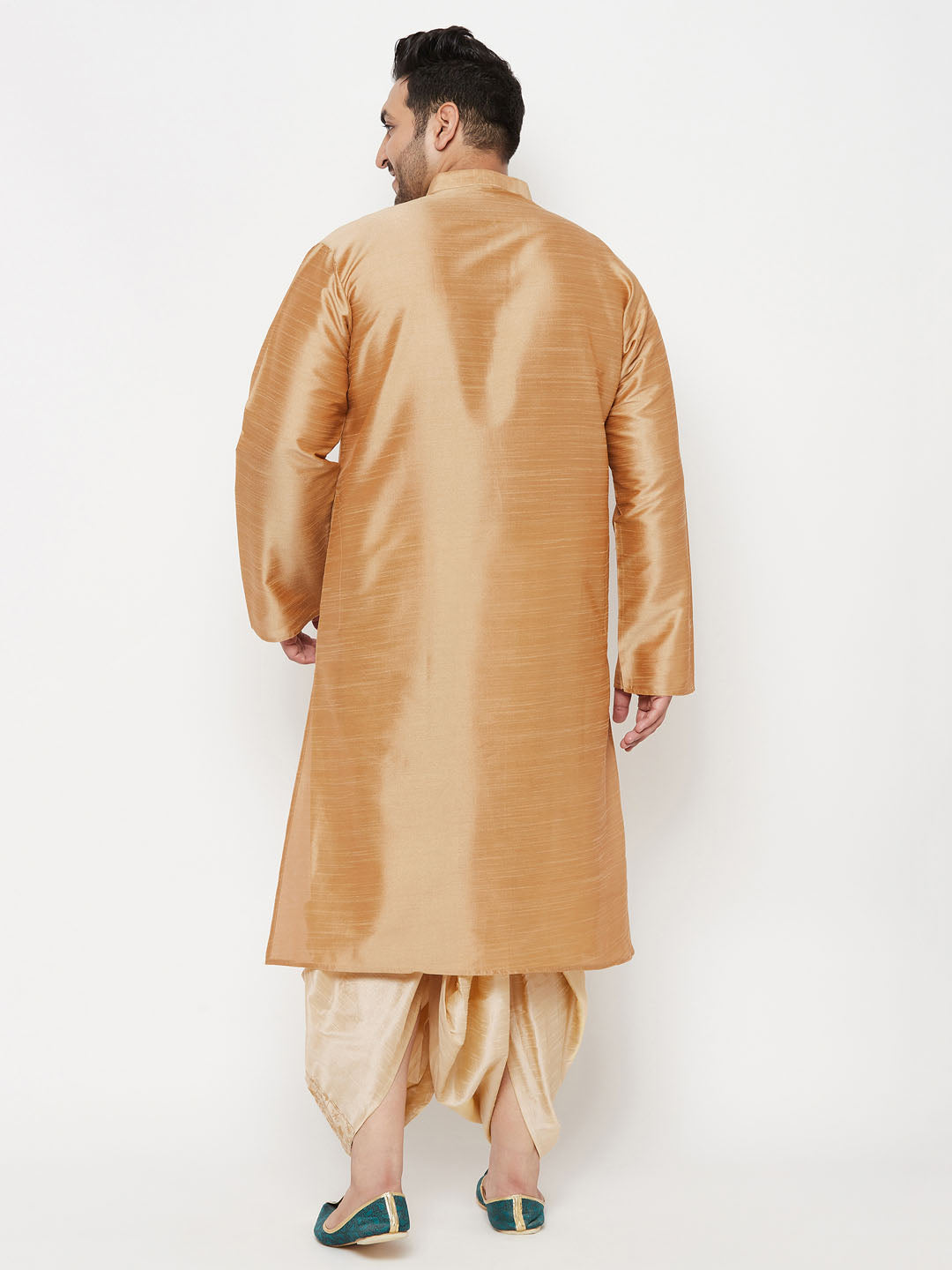 Vastramay mens plus size rose gold silk blend kurta and gold dhoti set