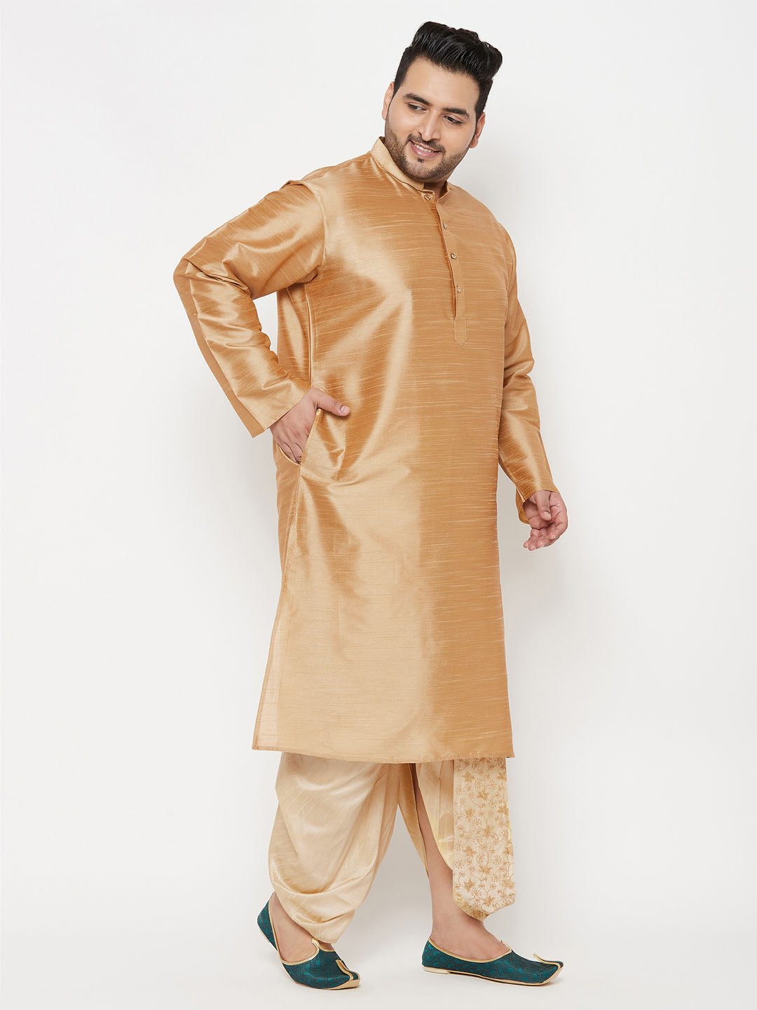 Vastramay mens plus size rose gold silk blend kurta and gold dhoti set