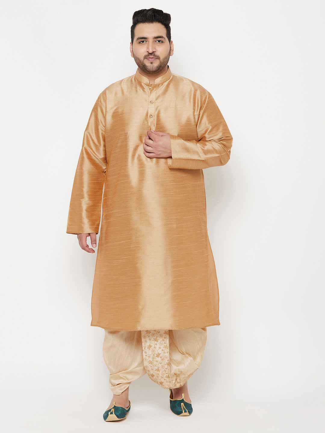 Vastramay Men's Plus Size Rose Gold Silk Blend Kurta And Gold Dhoti Set