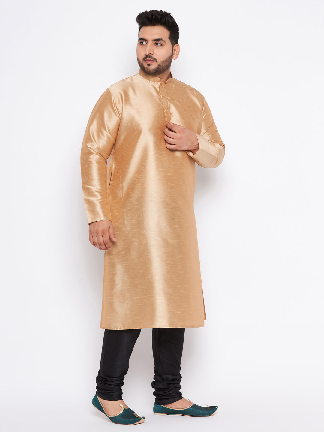 VASTRAMAY Men's Plus Size Rose Gold Silk Blend Kurta And Black Pyjama Set