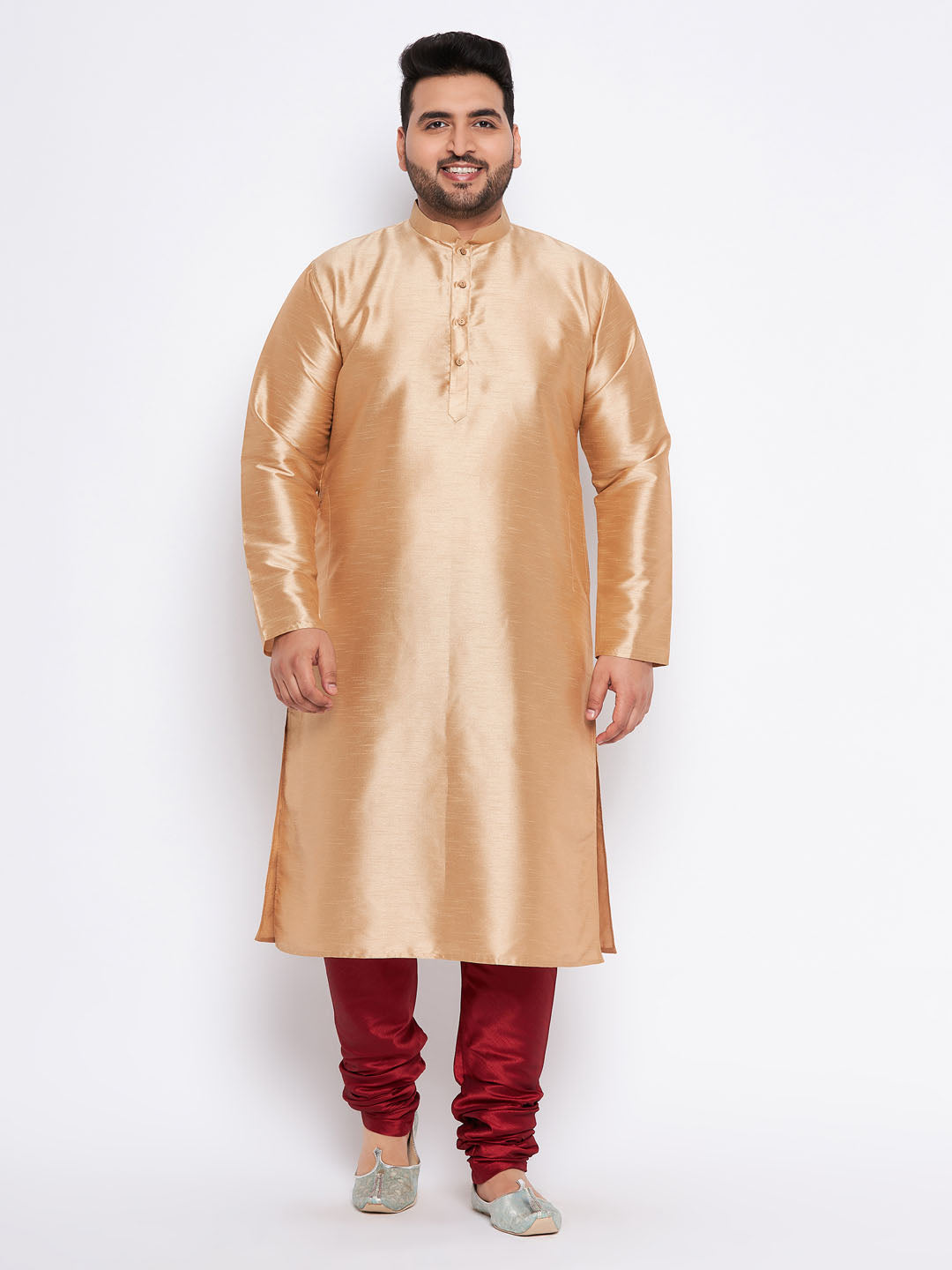 VASTRAMAY Men's Plus Size Rose Gold Silk Blend Kurta And Maroon Pyjama Set