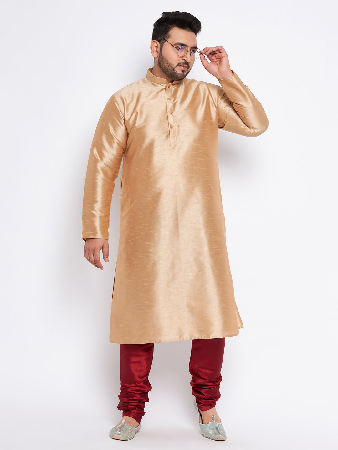 VASTRAMAY Men's Plus Size Rose Gold Silk Blend Kurta And Maroon Pyjama Set