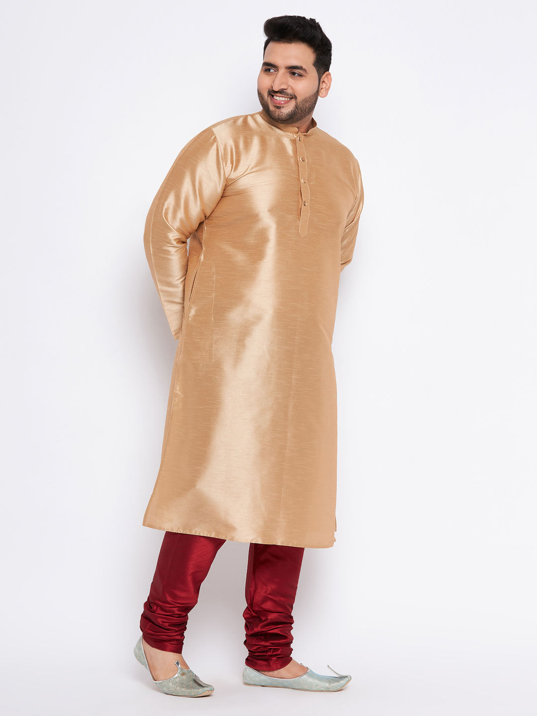 VASTRAMAY Men's Plus Size Rose Gold Silk Blend Kurta And Maroon Pyjama Set