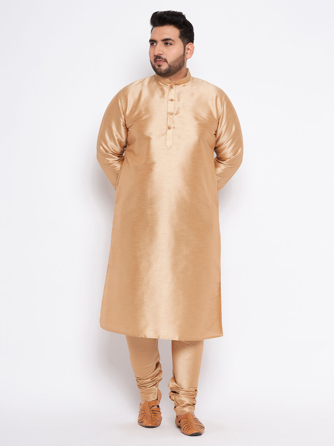 VASTRAMAY Men's Plus Size Rose Gold Silk Blend Kurta Pyjama Set