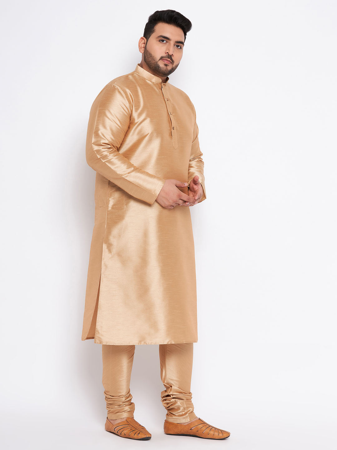 VASTRAMAY Men's Plus Size Rose Gold Silk Blend Kurta Pyjama Set