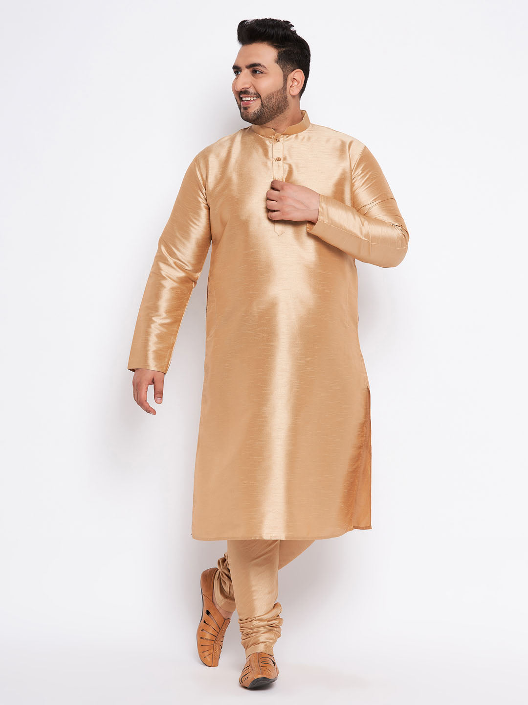 VASTRAMAY Men's Plus Size Rose Gold Silk Blend Kurta Pyjama Set