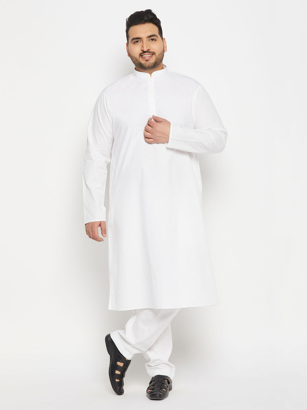 vastramay mens plus size white cotton blend kurta and cotton pant style pyjama set 1